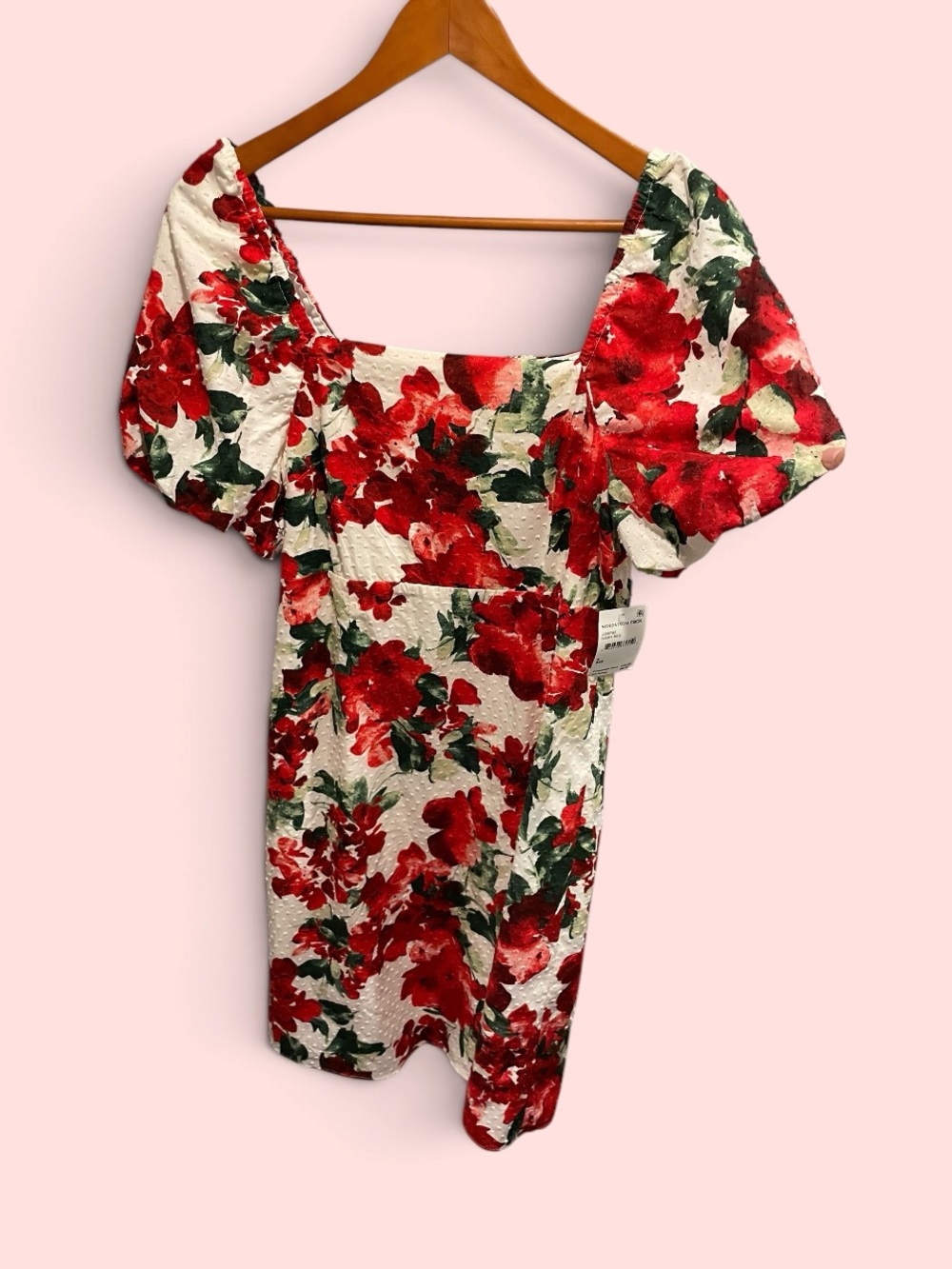 Cute Red floral puff sleeve smock back NWT Julia Jordan dress festive fiesta
